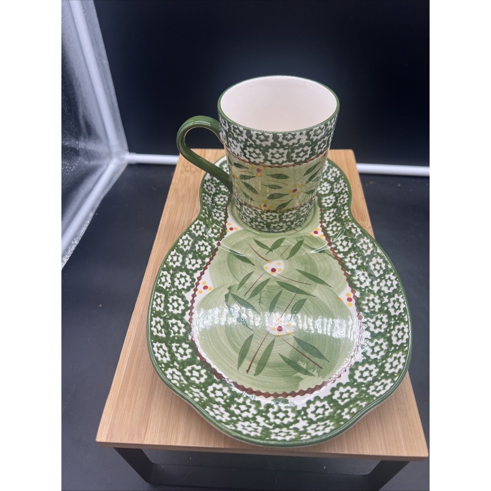 2 Sets of Temptations By Tara Old World Green Mug & Sandwich Snack Tray Plates - Picture 5 of 8